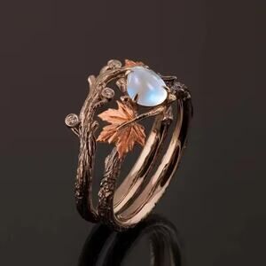 Moonstone Leaf Engagement Ring Set – Vintage Nature-Inspired Branch Design